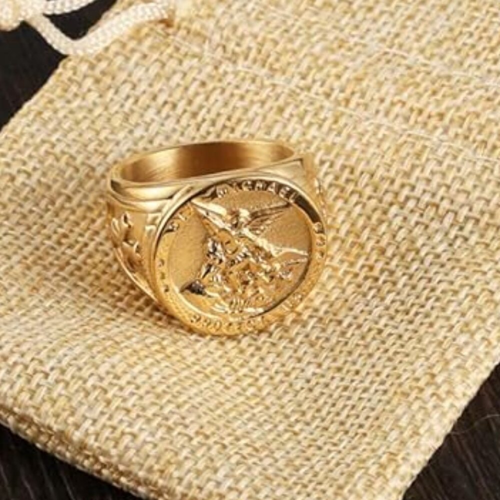 St. Michael San Miguel The Great Protector Archangel Defeating Satan Amulet Ring
